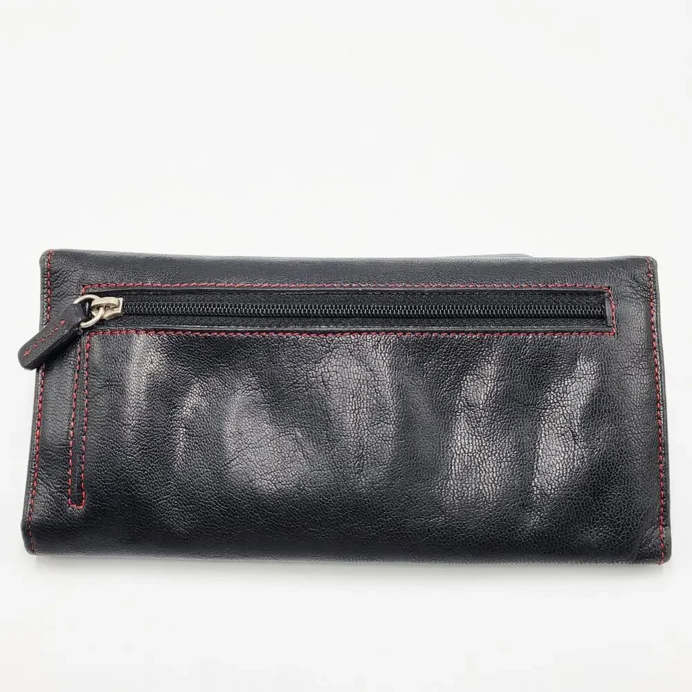 Vintage Tusk Black Red Genuine Leather Slim Trifold Snap Button Wallet Classic